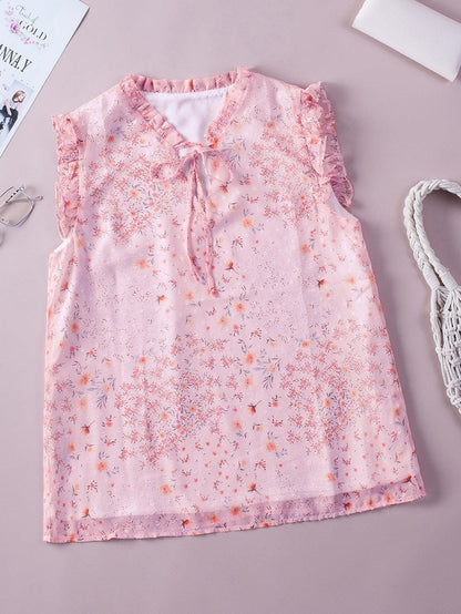 Elegant Pink Floral Bohemian Top with Ruffle Details