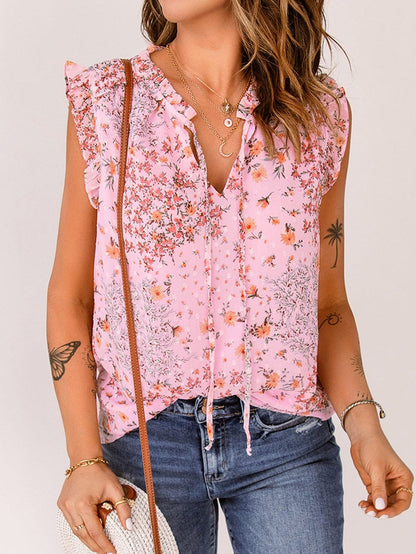 Elegant Pink Floral Bohemian Top with Ruffle Details
