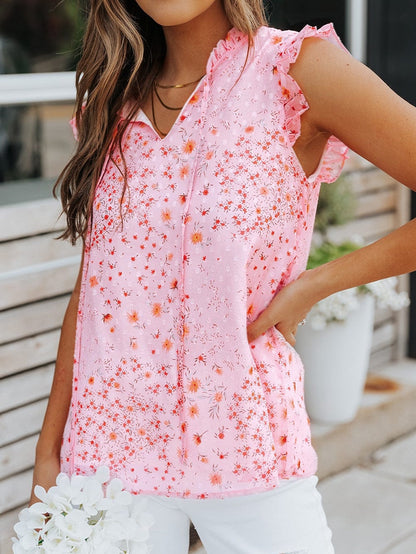 Elegant Pink Floral Bohemian Top with Ruffle Details