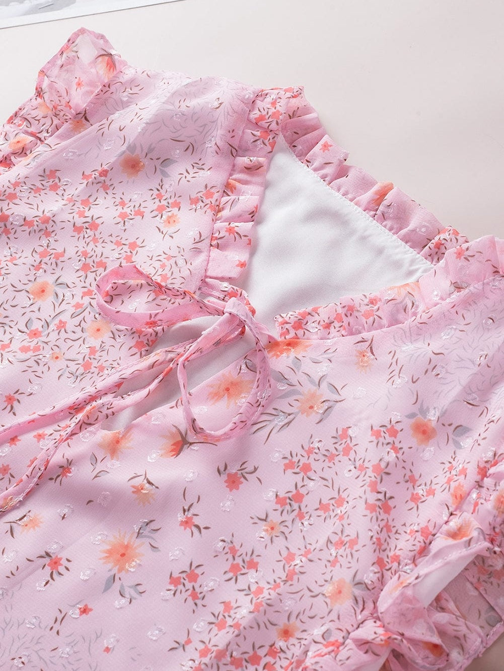 Elegant Pink Floral Bohemian Top with Ruffle Details