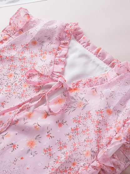 Elegant Pink Floral Bohemian Top with Ruffle Details