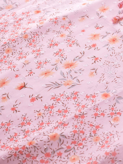 Elegant Pink Floral Bohemian Top with Ruffle Details