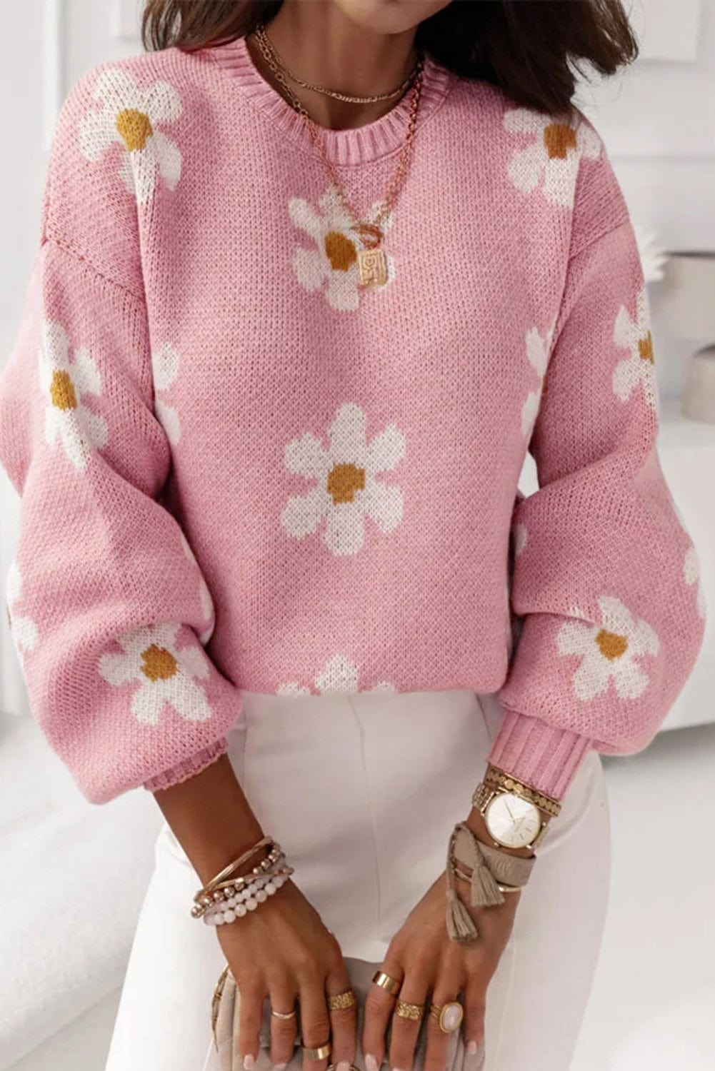 Elegant Pink Floral Drop Shoulder Knit Top