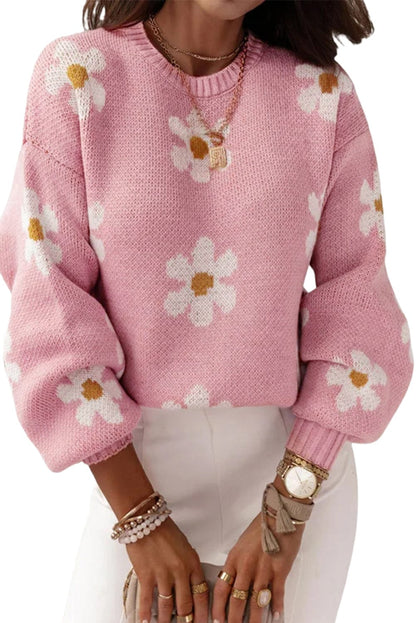Elegant Pink Floral Drop Shoulder Knit Top