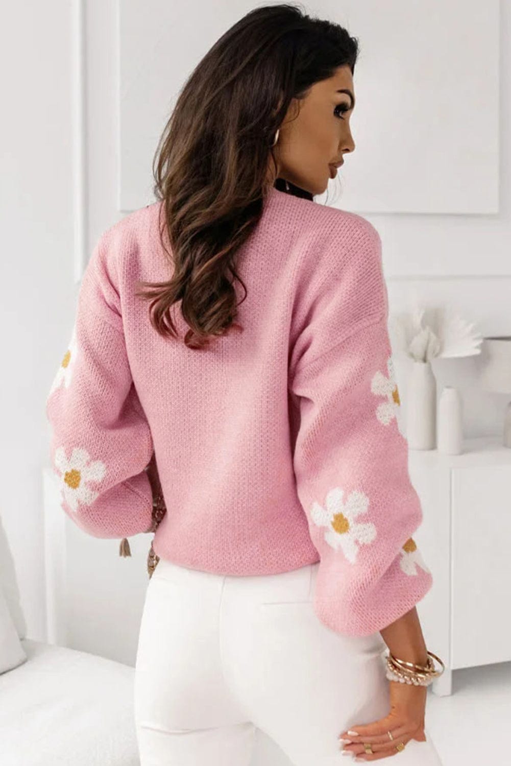 Elegant Pink Floral Drop Shoulder Knit Top