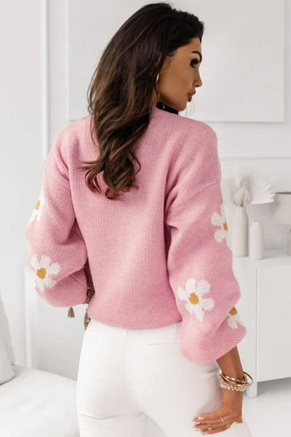 Elegant Pink Floral Drop Shoulder Knit Top