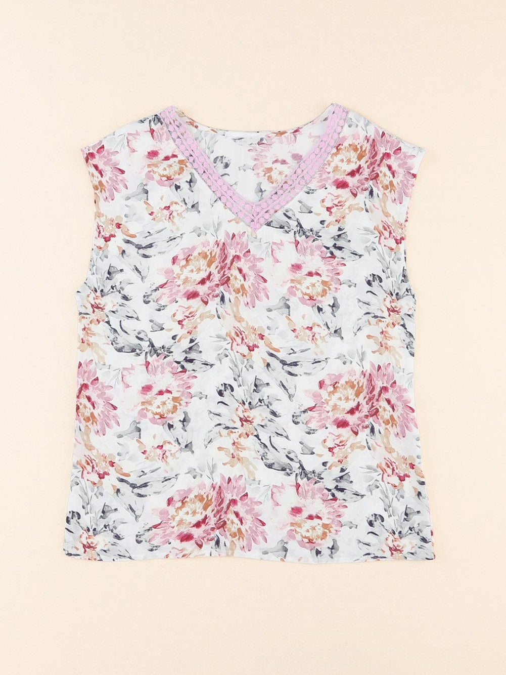 Elegant Pink Floral Lace Accent Sleeveless Top