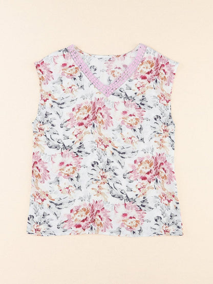 Elegant Pink Floral Lace Accent Sleeveless Top