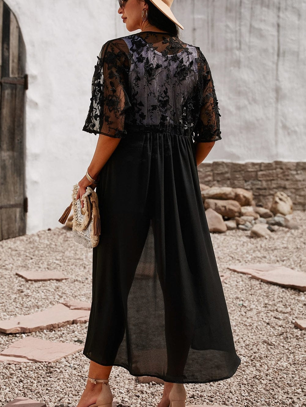 Elegant Pink Floral Lace Kimono Cover-Up