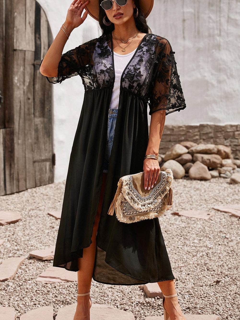 Elegant Pink Floral Lace Kimono Cover-Up