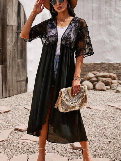 Elegant Pink Floral Lace Kimono Cover-Up