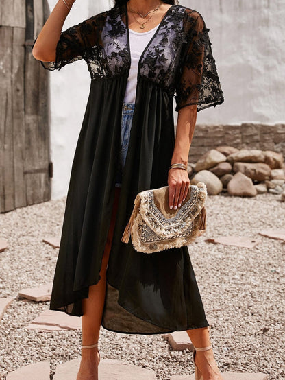 Elegant Pink Floral Lace Kimono Cover-Up