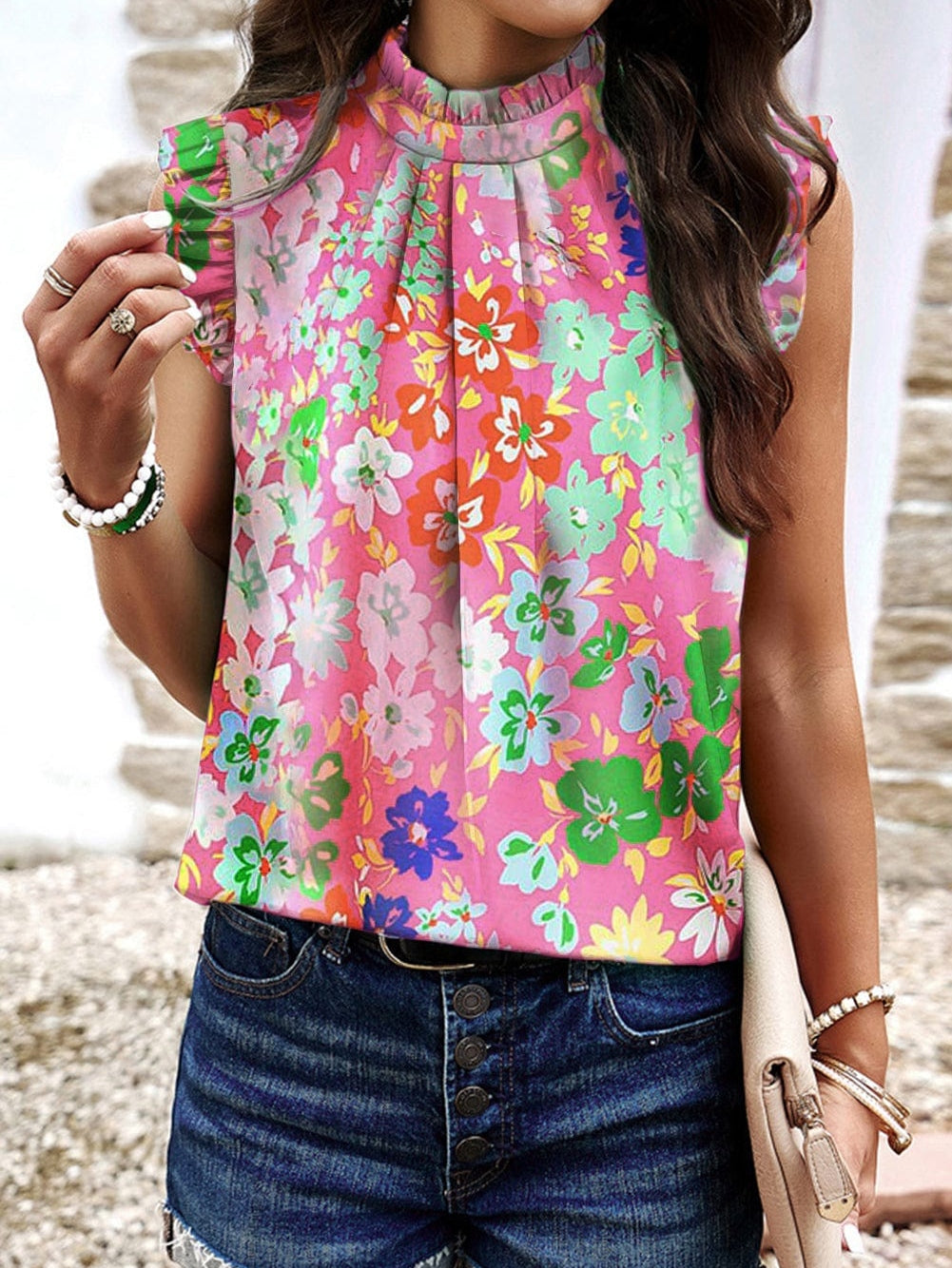Elegant Pink Floral Ruffle Tank Top