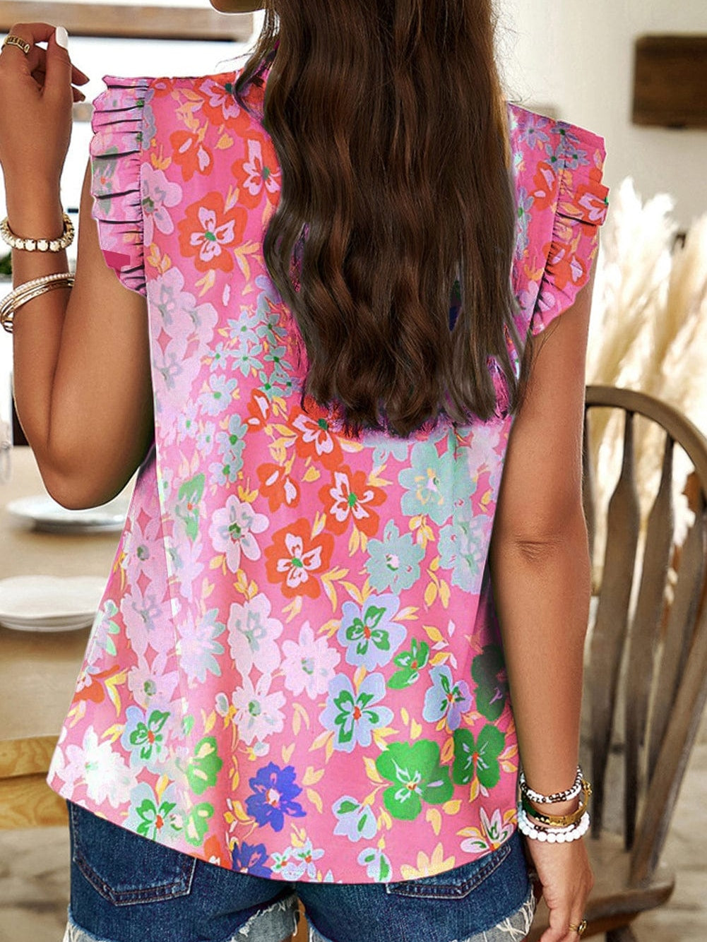 Elegant Pink Floral Ruffle Tank Top