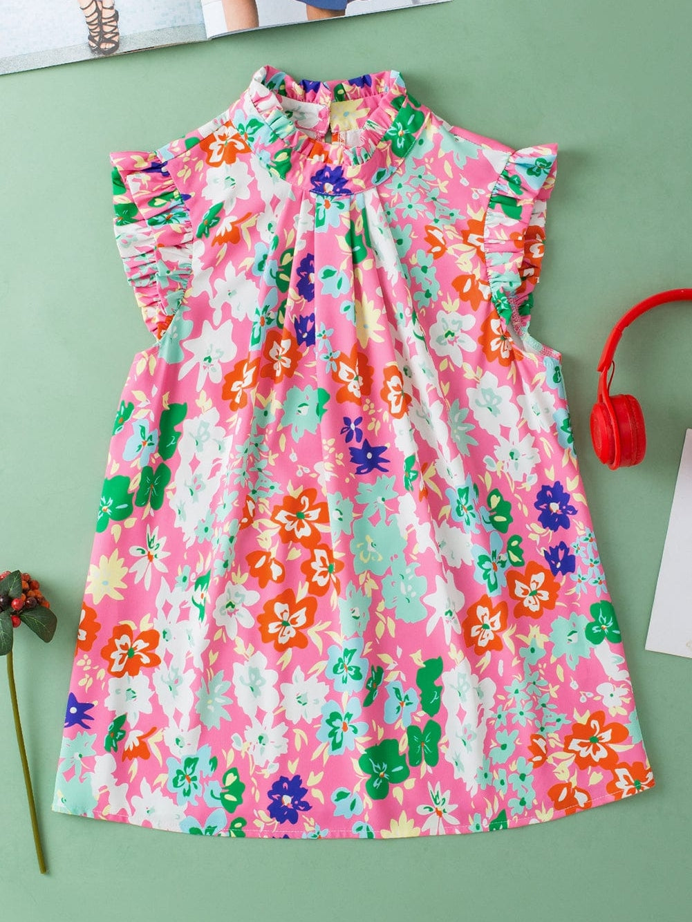 Elegant Pink Floral Ruffle Tank Top