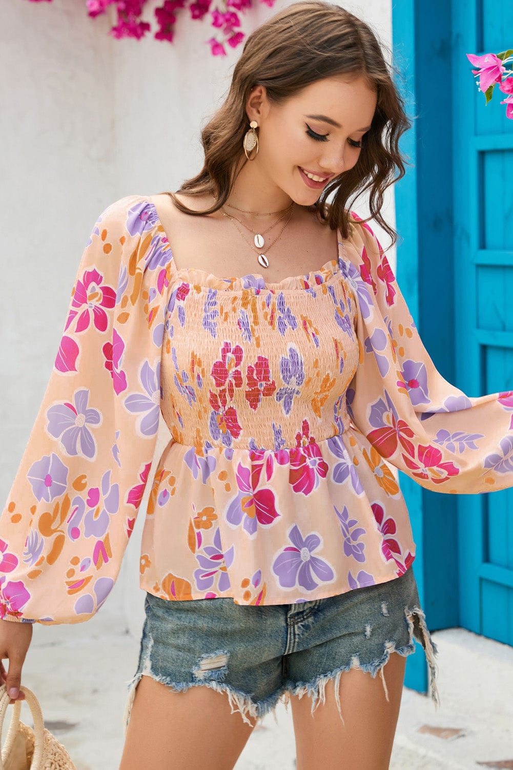 Elegant Pink Floral Smocked Puff Sleeve Peplum Top