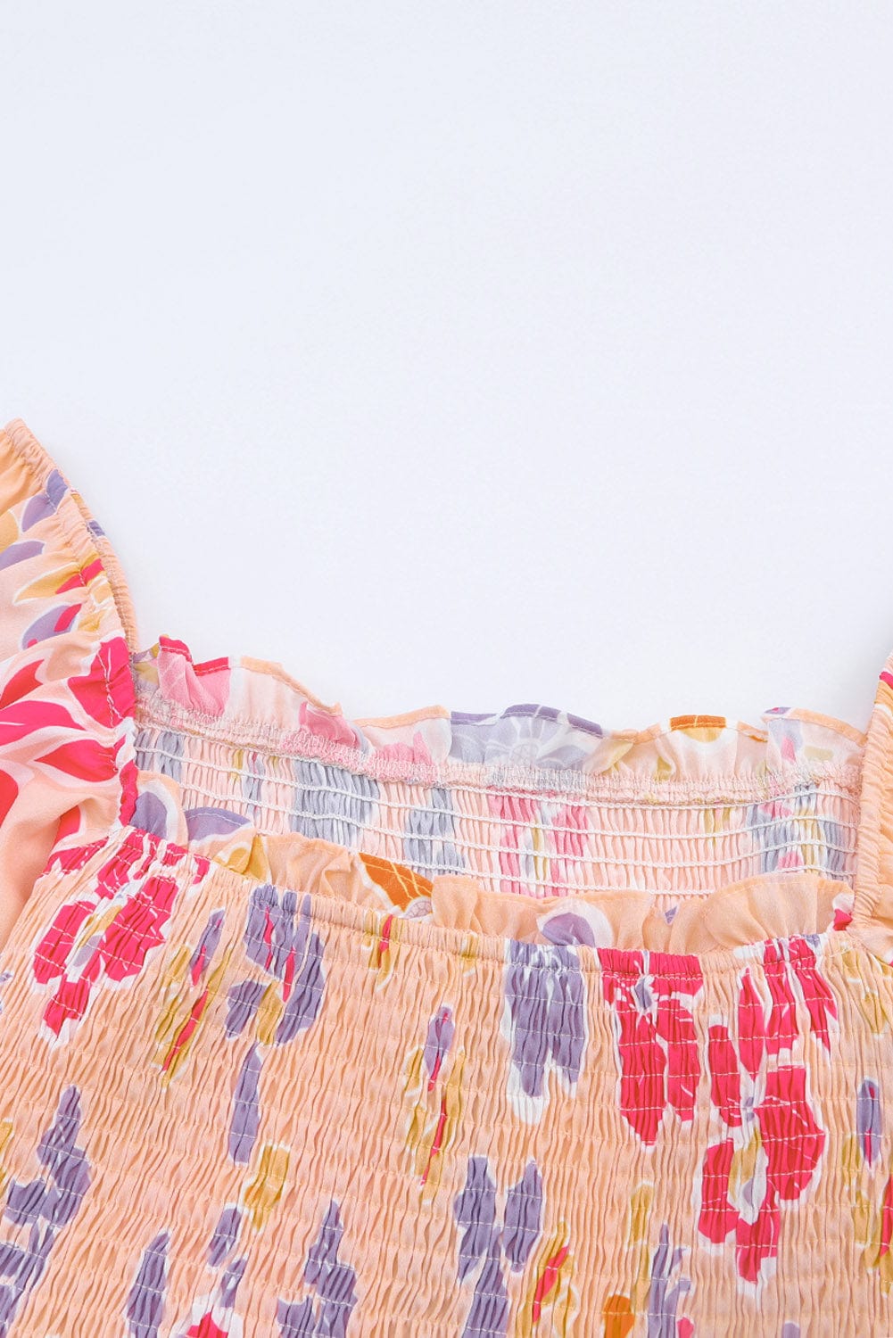 Elegant Pink Floral Smocked Puff Sleeve Peplum Top