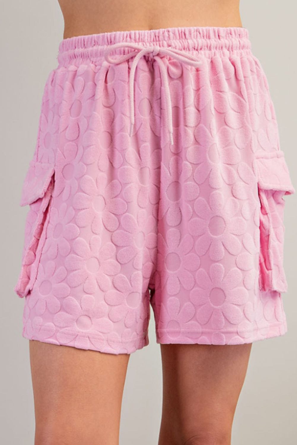 Elegant Pink Floral Textured Lounge Set with Short Sleeve Top and Shorts