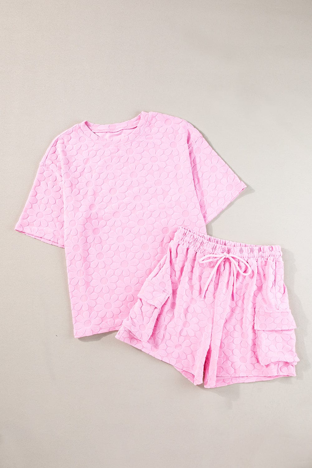 Elegant Pink Floral Textured Lounge Set with Short Sleeve Top and Shorts