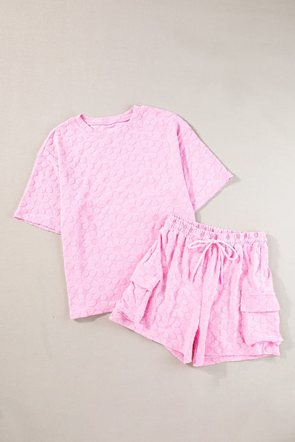 Elegant Pink Floral Textured Lounge Set with Short Sleeve Top and Shorts