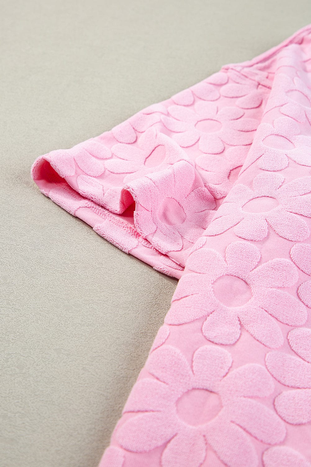 Elegant Pink Floral Textured Lounge Set with Short Sleeve Top and Shorts