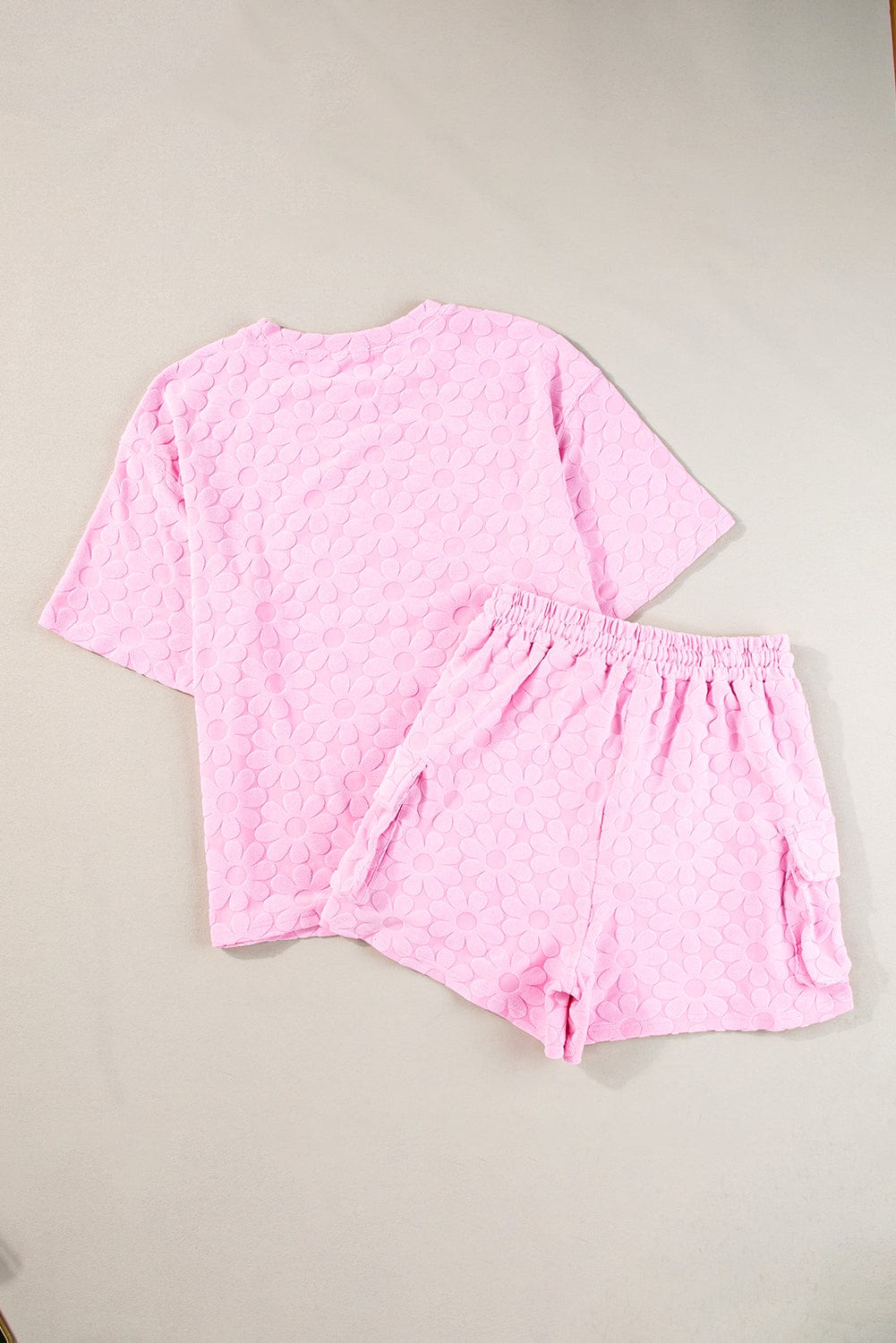 Elegant Pink Floral Textured Lounge Set with Short Sleeve Top and Shorts