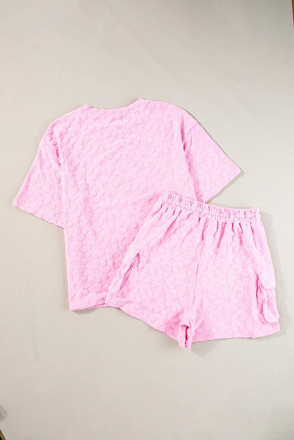 Elegant Pink Floral Textured Lounge Set with Short Sleeve Top and Shorts