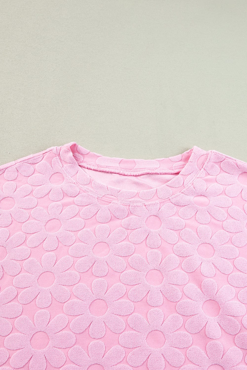 Elegant Pink Floral Textured Lounge Set with Short Sleeve Top and Shorts