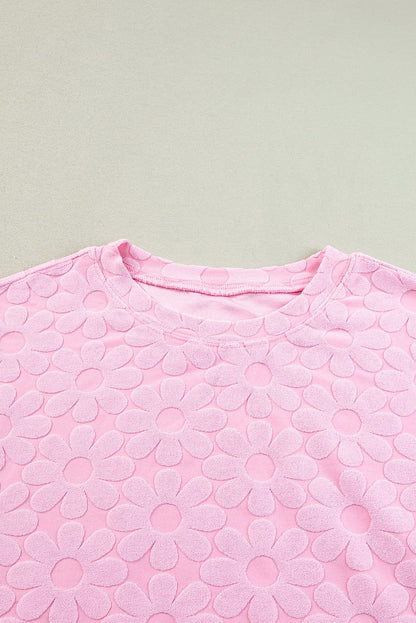 Elegant Pink Floral Textured Lounge Set with Short Sleeve Top and Shorts