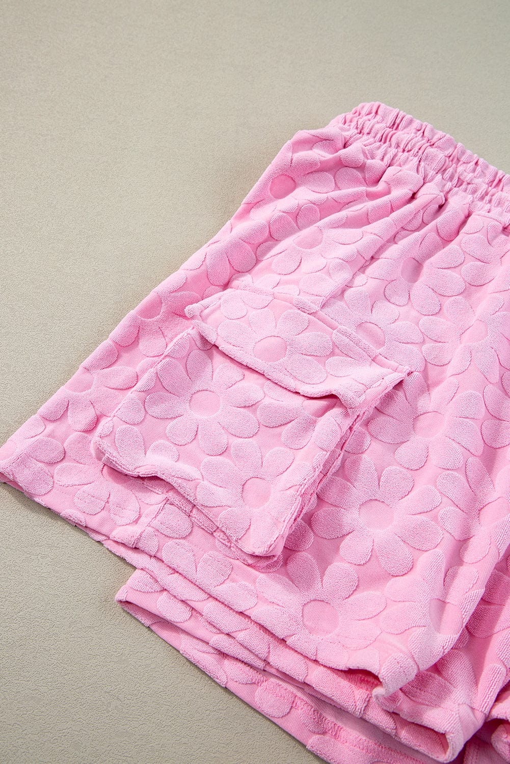 Elegant Pink Floral Textured Lounge Set with Short Sleeve Top and Shorts