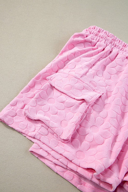 Elegant Pink Floral Textured Lounge Set with Short Sleeve Top and Shorts