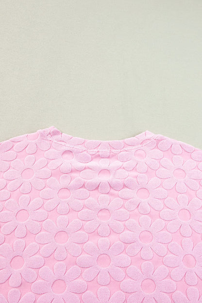 Elegant Pink Floral Textured Lounge Set with Short Sleeve Top and Shorts