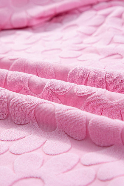 Elegant Pink Floral Textured Lounge Set with Short Sleeve Top and Shorts