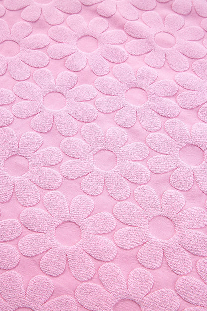 Elegant Pink Floral Textured Lounge Set with Short Sleeve Top and Shorts