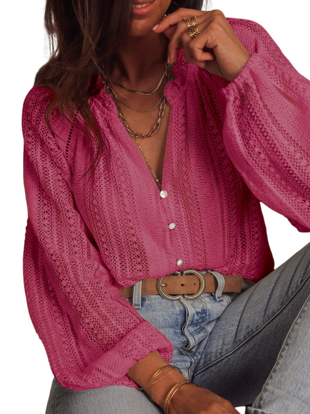 Elegant Pink Lace V-Neck Button-Up Blouse