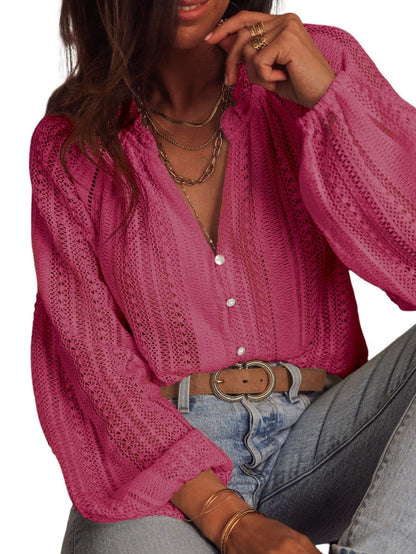 Elegant Pink Lace V-Neck Button-Up Blouse