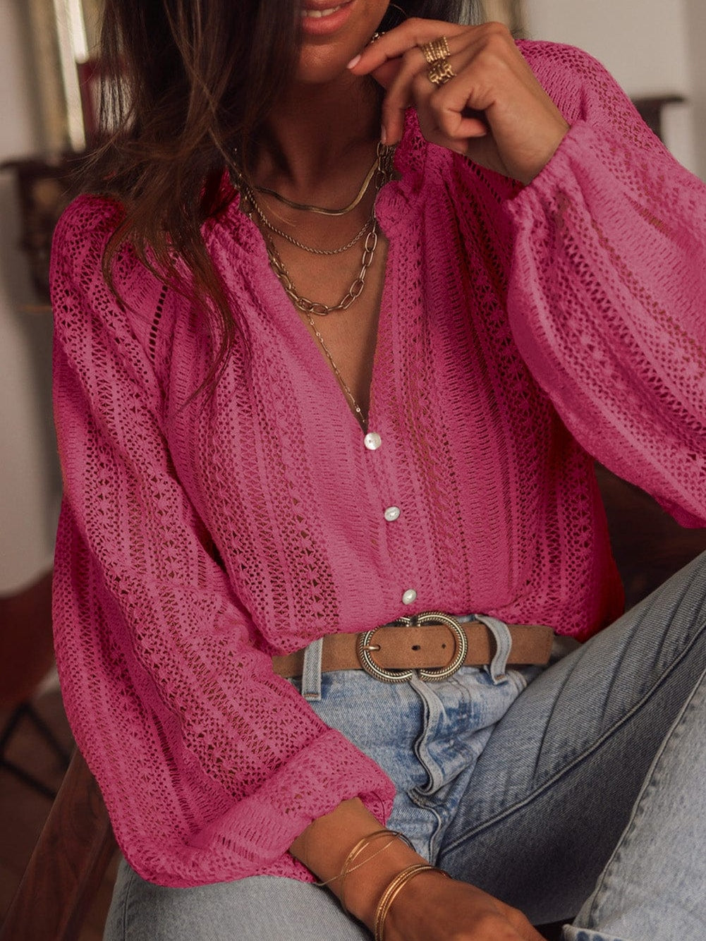 Elegant Pink Lace V-Neck Button-Up Blouse