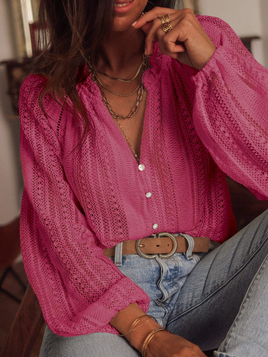 Elegant Pink Lace V-Neck Button-Up Blouse