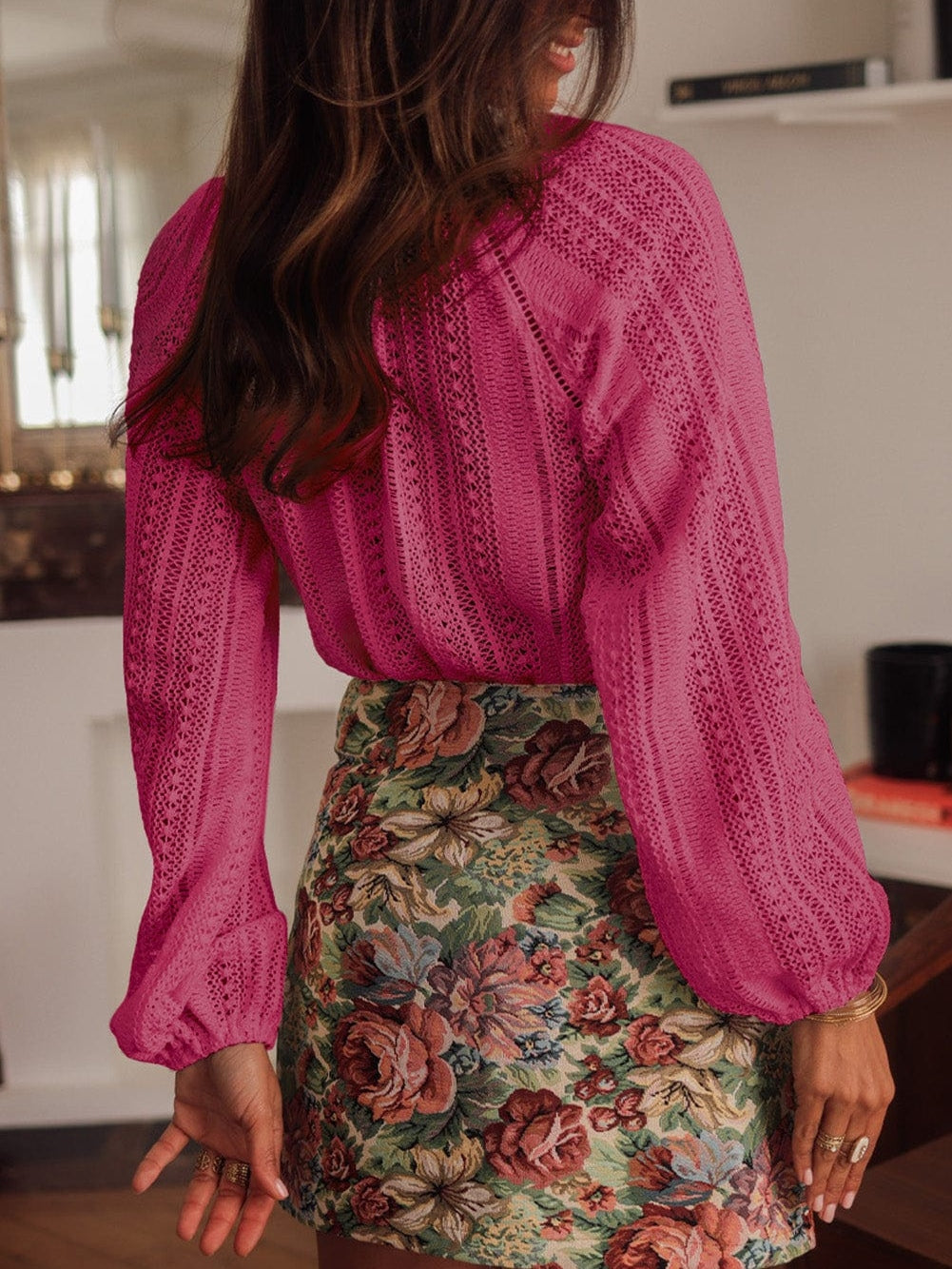 Elegant Pink Lace V-Neck Button-Up Blouse