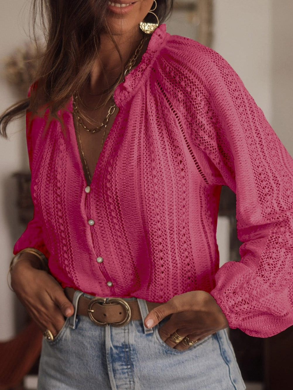 Elegant Pink Lace V-Neck Button-Up Blouse