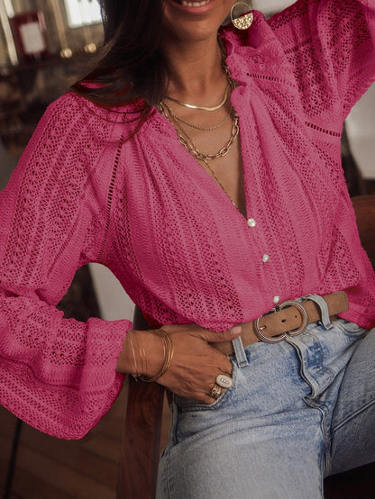 Elegant Pink Lace V-Neck Button-Up Blouse