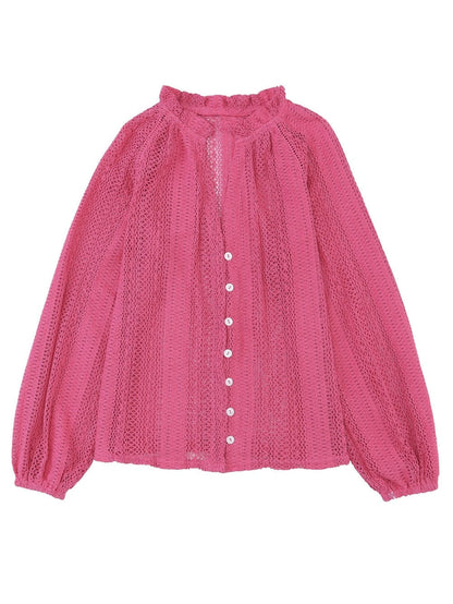 Elegant Pink Lace V-Neck Button-Up Blouse
