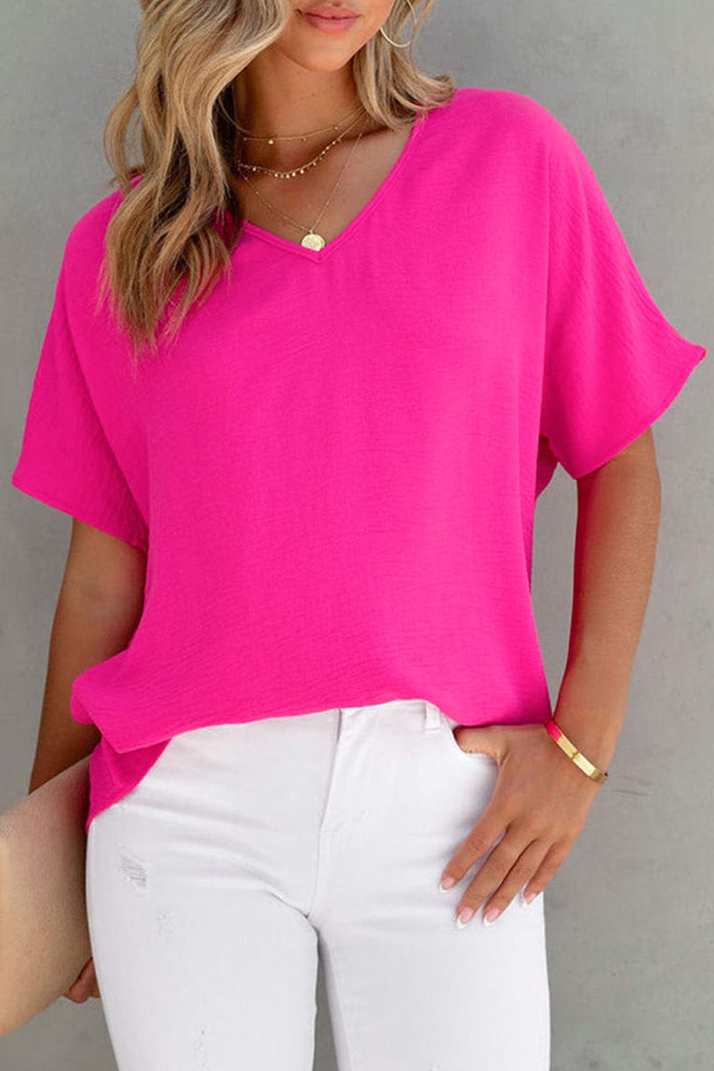 Elegant Pink Polyester V-Neck Summer Blouse
