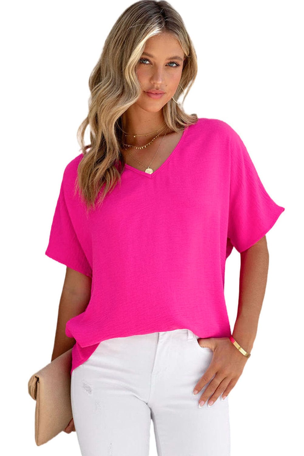 Elegant Pink Polyester V-Neck Summer Blouse
