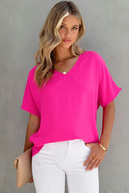Elegant Pink Polyester V-Neck Summer Blouse