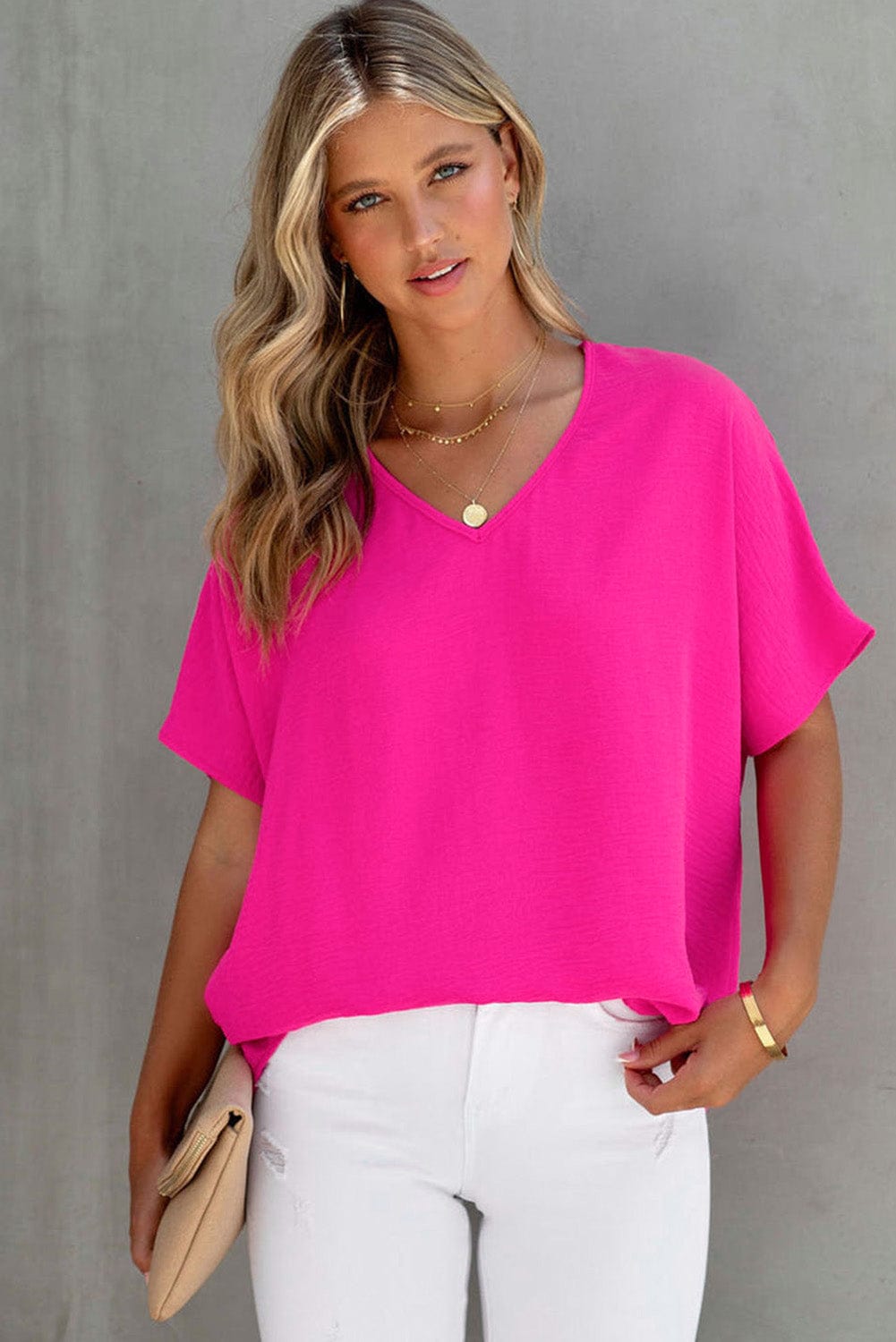 Elegant Pink Polyester V-Neck Summer Blouse