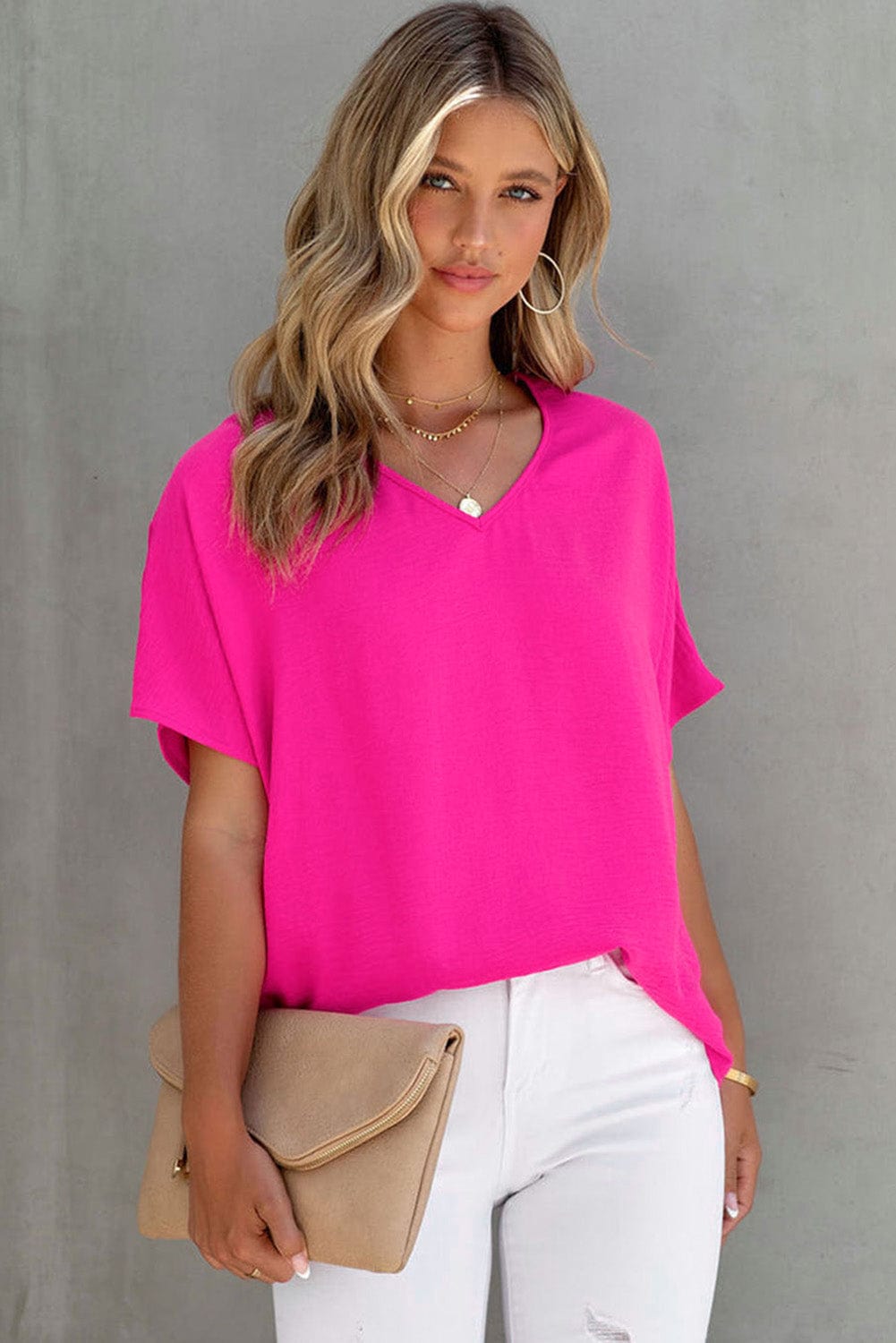 Elegant Pink Polyester V-Neck Summer Blouse