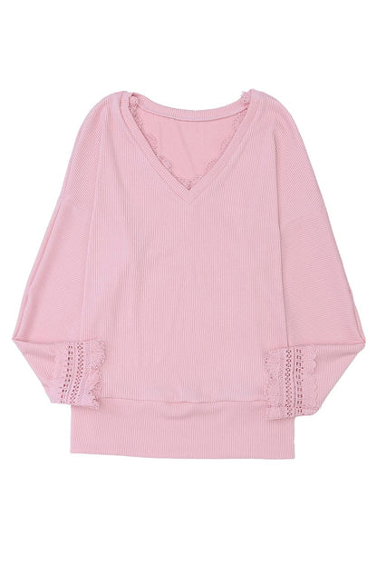 Elegant Pink Ribbed Lace Trim V Neck Long Sleeve Blouse