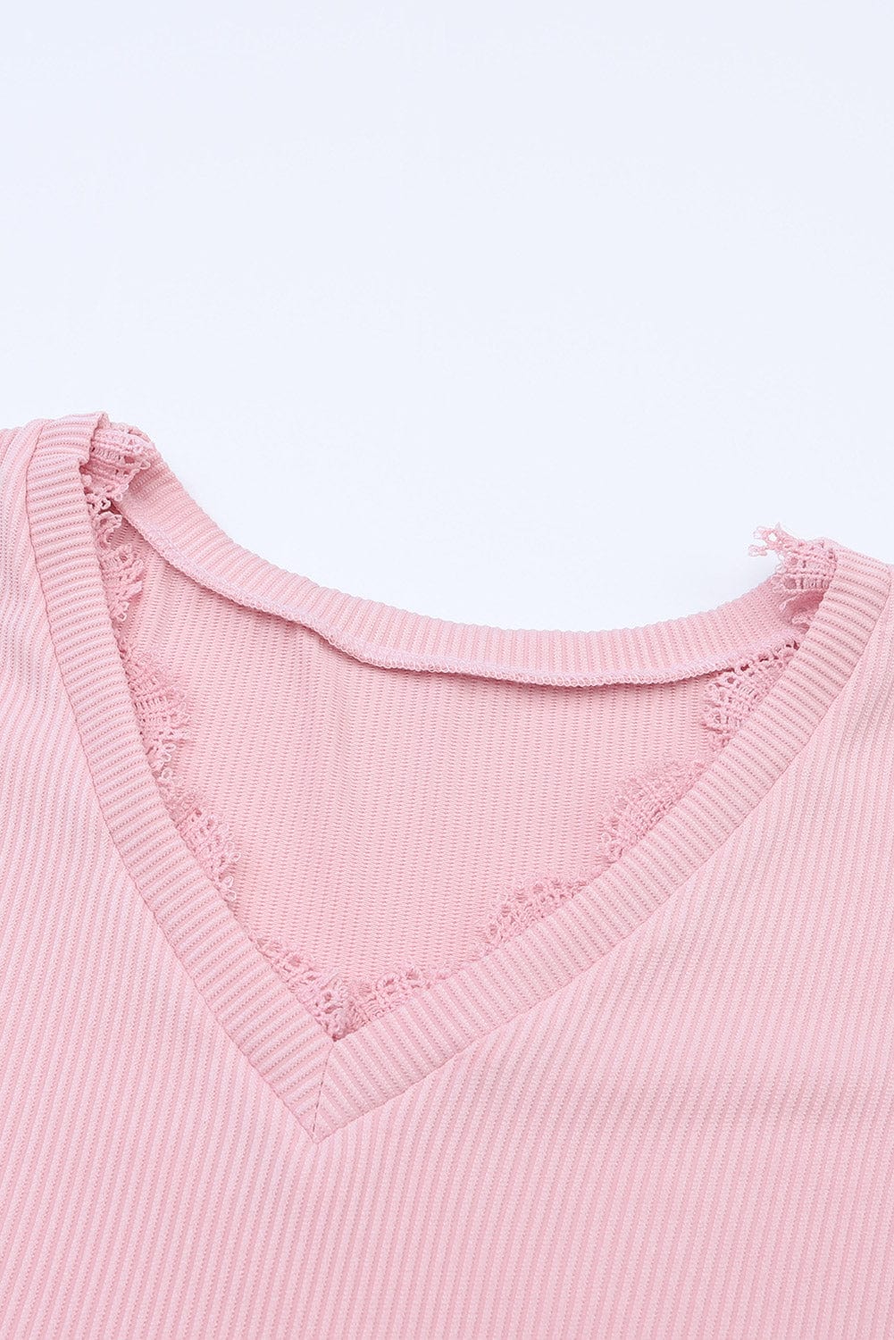 Elegant Pink Ribbed Lace Trim V Neck Long Sleeve Blouse