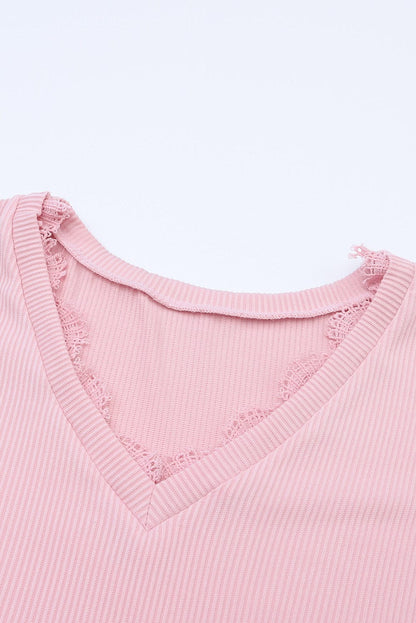Elegant Pink Ribbed Lace Trim V Neck Long Sleeve Blouse